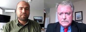 Sarnia's mayoral candidates during virtual debate. Nathan Colquhoun and Mike Bradley. September 20, 2022 (screenshot)