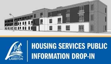 Part of a poster promoting an information drop-in session for a new housing complex on Kathleen Avenue in Sarnia. Image courtesy of the County of Lambton.