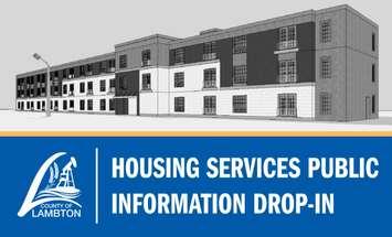 Part of a poster promoting an information drop-in session for a new housing complex on Kathleen Avenue in Sarnia. Image courtesy of the County of Lambton.