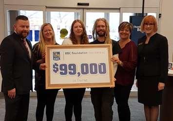 (From left to right) Travis Hooper, Community Manager Sarnia-Lambton RBC; Carrie McEachran, Executive Director, Rebound; Shea Silvestri, Youth Advisor, The HUB; Ryan Mitchell, Program Assistant, The HUB; Sarah McCann, Business Manager, Rebound; Heather Austin, Regional Vice President, RBC.  December 6, 2018. (Photo by The HUB)