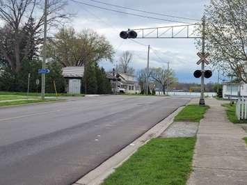 The lighted CSX crossing, at the intersection of Broadway and McDonald Streets, in Port Lambton. May 3, 2023 Photo courtesy of Jeff Agar.