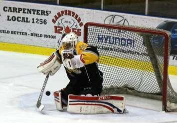 Rookie Sting goaltender Blair Coffin records first OHL win vs Barrie Feb. 5, 2017 (Photo by Dave Dentinger)