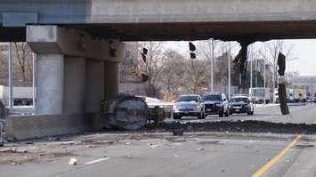 Transport truck load hits Indian Rd. overpass. November 23, 2015 (BlackburnNews.com Photo by Briana Carnegie)