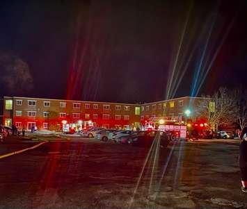 Emergency crews on scene of an apartment fire on Earlscourt Drive in Sarnia on Monday, February 20, 2023. (Photo via Sarnia Police Twitter)