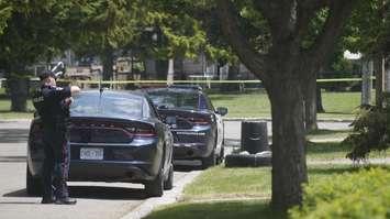 Sarnia Police tape-off a section of Montrose Street.  1 June 2021.  (BlackburnNews.com photo)