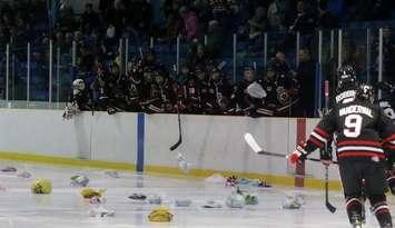 The Sarnia Legionnaires Celebrate The Wooly Toss Goal Vs. London - Dec 14/17 (Photo By Dawn Riley - Used With Permission From Sarnia Legionnaires)