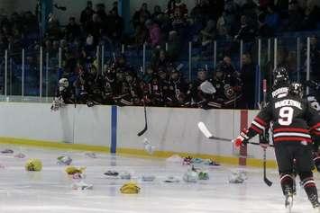 The Sarnia Legionnaires Celebrate The Wooly Toss Goal Vs. London - Dec 14/17 (Photo By Dawn Riley - Used With Permission From Sarnia Legionnaires)