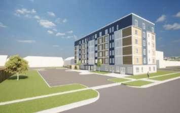 An artist rendering of a proposed apartment tower at Exmouth Street and Melrose Avenue. Image captured from Sarnia council March 3, 2025 agenda.