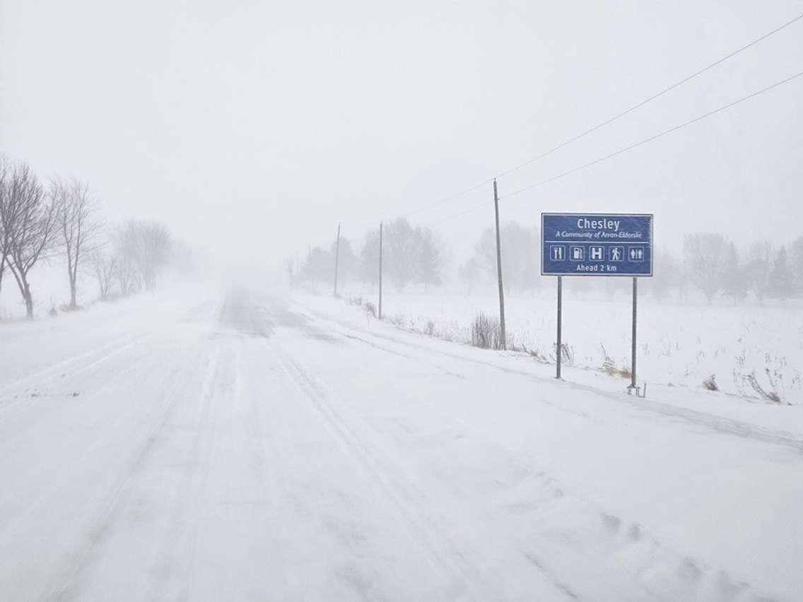 Heavy snow and blowing snow reduce visibility heading into Chesley. (Photo by Jeff Irwin, Blackburn Media)