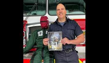 Public Education Officer Mike Otis wins working from heights manikin for Sarnia Fire Rescue through international photo contest. January 23, 2025. (Photo courtesy of Sarnia Fire via Facebook)