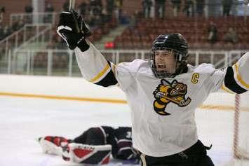 Lambton Jr. Sting U16 captain Jack Nesbitt celebrates a goal. (Photo by Lambton Jr. Sting AAA)