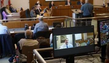 Councillor Bill Dennis makes comments while attending Sarnia council's meeting virtually. May 26, 2025. Blackburn Media photo by Melanie Irwin.