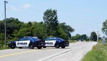 Police investigate a serious motorcycle-pickup truck collision on Churchill Line Aug. 13, 2015 (BlackburnNews.com photo by Briana Carnegie)