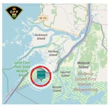 Map screenshot of fatal boating incident near Walpole Island First Nation (Photo by: West Region OPP)