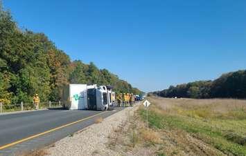 Single vehicle collision reported on westbound Highway 402 at Kerwood Road. October 3, 2023. (Photo courtesy of OPP West Region via X)