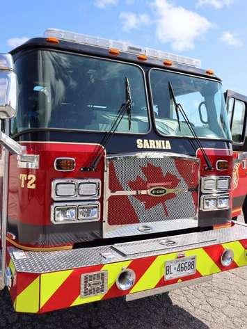 New aerial tower truck arrives in Sarnia July 21, 2021. Photo courtesy of Sarnia Fire and Rescue via Facebook. 