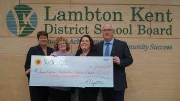 P.E. McGibbon PS Principal Helen Lane, Rosedale PS Principal Sandra Perkins  Noelle's Gift Committee Member Jackie Major-Daamen and Director of Education with LKDSB Jim Costello. Feb 3, 2016. Photo by Jake Jeffrey (blackburnnews.com)