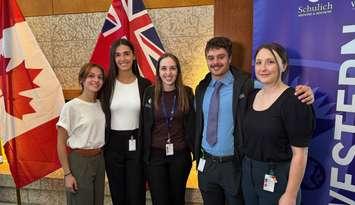 Third-year medical students (L to R) Jade Asfour, Maggie Parkinson, Laura Matias, Philip Skorzewski and Chris Tracey are welcomed to Bluewater Health as the inaugural group in Western University's Schulich School of Medicine and Dentistry's Sarnia Clerkship Program. September 8, 2025 Blackburn Media photo by Melanie Irwin.