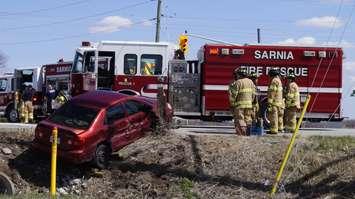 Damage to the side of the Toyota involved in a two-vehicle collision on Modeland Rd. and Michigan Ave. April 26, 2018. (Photo by Colin Gowdy, BlackburnNews)