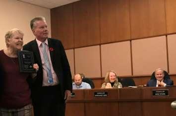 Sarnia Councillor George Vandenberg helps present a 2019 Accessibility Award to Lynne Betteridge. October 28, 2019. (BlackburnNews.com photo by Melanie Irwin)