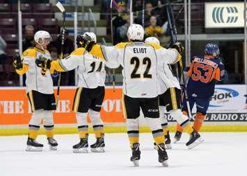 Mitch Eliot celebrates against the Flint Firebirds - Oct. 26/18 (Photo courtesy of Metcalfe Photography)