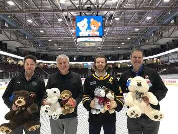 (L to R) Sarnia Sting Play by Play Announcer Leigh Cunningham, Lambton Ford's Rob Ravensberg, Sarnia Sting Captain Brayden Guy, Sarnia Sting Colour Commentator, Patrick DesRochers - Nov 3/21 (Photo courtesy of Sarnia Sting)