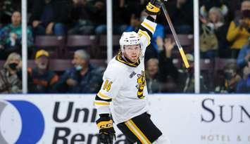 Sarnia Sting captain Brayden Guy in a game versus the London Knights.
October 16, 2021. (Metcalfe Photography)