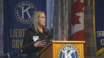 Real Canadian Superstore Manager Mandy Robertson speaks at Kiwanis Club of Sarnia-Lambton Golden K meeting. February 13, 2024. (Photo by Natalia Vega)