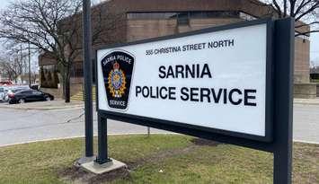 Sarnia Police Service sign at 555 Christina Street North. 4 April 2023. (Photo by Melanie Irwin)