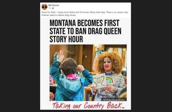 A screenshot of an edited Facebook post by Sarnia City/County Councillor Bill Dennis about drag storytime. July 10, 2024. 