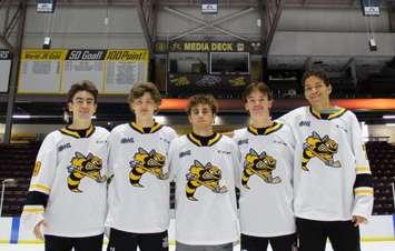 (From left to right) Angus MacDonell, Alexis Daviault, Ben Lalkin, Joshua Vogelsberg and Ryan Pryce.  September 2021.  (Photo by Sarnia Sting)
