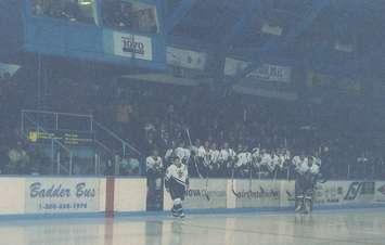 Sarnia Sting captain Jon Sim skates onto the ice during a ceremony at the old Sarnia Arena. (Photo provided by the Sarnia Sting)