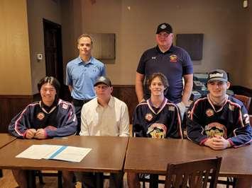 Front Row: Joseph Malinowski, Flyers Head Coach Chris Fryfogle, Logan O'Leary Dilosa, Cameron McCarthy 
Back Row: Flyers Assistant Coach Erin White (L), Flyers GM Dennis Meston (R) - June 6/22 (Blackburn Media photo by Josh Boyce)