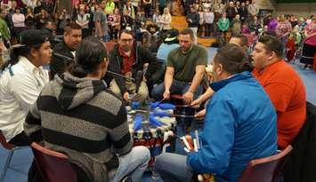 Musicians at Lambton College's 24th annual Pow Wow. April 7, 2016 (BlackburnNews.com Photo by Briana Carnegie)