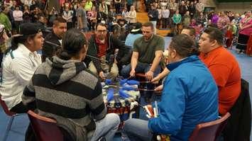 Musicians at Lambton College's 24th annual Pow Wow. April 7, 2016 (BlackburnNews.com Photo by Briana Carnegie)