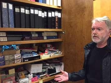 Sarnia Mayor Mike Bradley shows  a cabinet housing  archived newspaper articles at city hall. September 30, 2016 BlackburnNews.com photo by Melanie Irwin