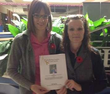 (LtoR) Sarah Ingles and Teresa Ingles with The Deker Bauer Foundation For Suicide Prevention ask the city for a grant to launch a drop-in centre. Monday, November 10, 2014 (BlackburnNews.com photo by Melanie Irwin)