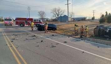 A two vehicle crash at Broadway Street and Churchill Line - Mar. 12/25 (Photo courtesy of Lambton OPP)