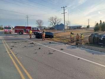A two vehicle crash at Broadway Street and Churchill Line - Mar. 12/25 (Photo courtesy of Lambton OPP)