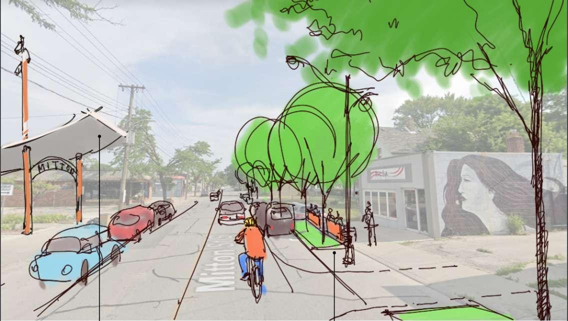 Mitton Village concept showing shelter/pavilion for performance space, widened sidewalks, trees, benches, bike parking (Image courtesy of Sarnia City Hall)