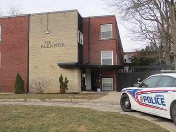 A London Police cruiser sits in the driveway at 571 Adelaide Street North after an overnight fire on March 24th, 2023. (Craig Needles, Blackburn Media)