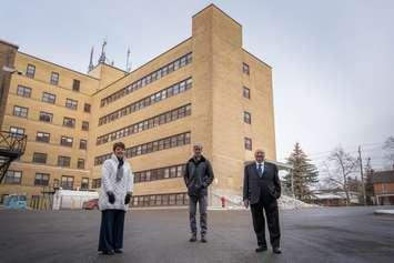 Paula Reaume-Zimmer, Vice President, Integrated Services, Bluewater Health; Mike Lapaine, President & CEO, Bluewater Health; and Sarnia-Lambton MPP Bob Bailey stand in front of the future site of Bluewater Health’s Community Addictions Hub. Submitted photo.