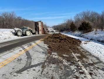 A crash between and tractor and manure truck on Lakeshore Rd. - Jan 4/22 (Photo courtesy of OPP West Region via Twitter)