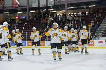 The Sarnia Sting salute their fans following a win. (Metcalfe Photography)
