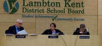 Lambton Kent District School Board Director Jim Costello, Chair Jane Bryce and Vice-Chair Elizabeth Hudie discuss the future of Forest area schools. March 21, 2017 BlackburnNews.com photo by Meghan Bond
