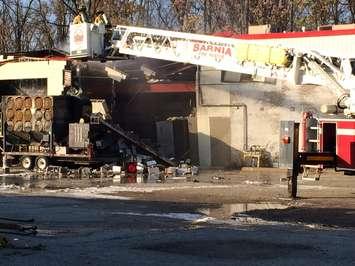 First responders gather at Veolia on Scott Rd. in Sarnia following explosion . October 25, 2014 (Blackburnnews.com photo by Sue Storr)