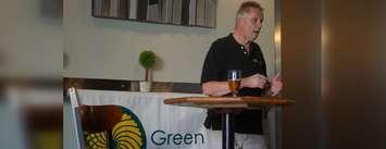 Peter Smith speaks to a crowd during a Sarnia-Lambton Federal Green Party nomination meeting. June 18, 2019. (BlackburnNews photo by Colin Gowdy)