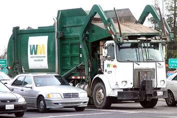 A typical Waste Management, Inc. front loader garbage truck with White body and Volvo chassis (Volvo WX). Photographed in San Jose, California by (en)user Coolcaesar on December 26, 2005. (Photo via Wikipedia)

