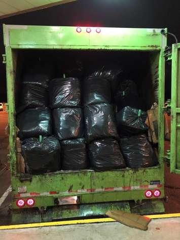 Border officers seized over 1,000 pounds of marijuana from garbage bags in the back of a garbage truck at the Blue Water Bridge in Port Huron, October 18, 2020. (Photo courtesy of the U.S. Customs and Border Protection) 