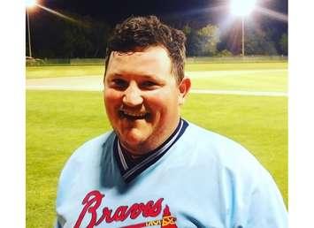 Keegan Brandon hits a walk off double to give the Sarnia Braves a 6-5 win over Strathroy. June 14, 2017 (Photo from Sarnia Braves facebook page)